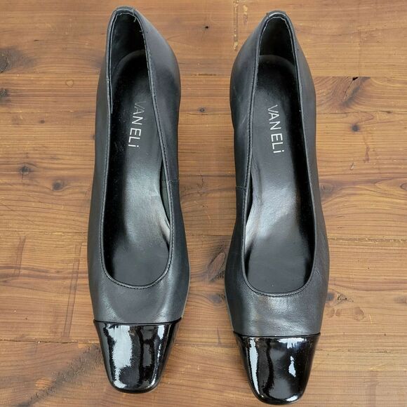 Vaneli Womens Shoes 6.4 Black Rickie Leather Cap Toe Classic Pumps Kitten Heel - Picture 1 of 7